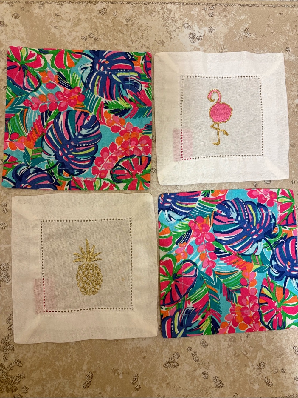 Lilly Pulitzer set of 4 cocktail napkins featuring tropical flamingo & pineapple